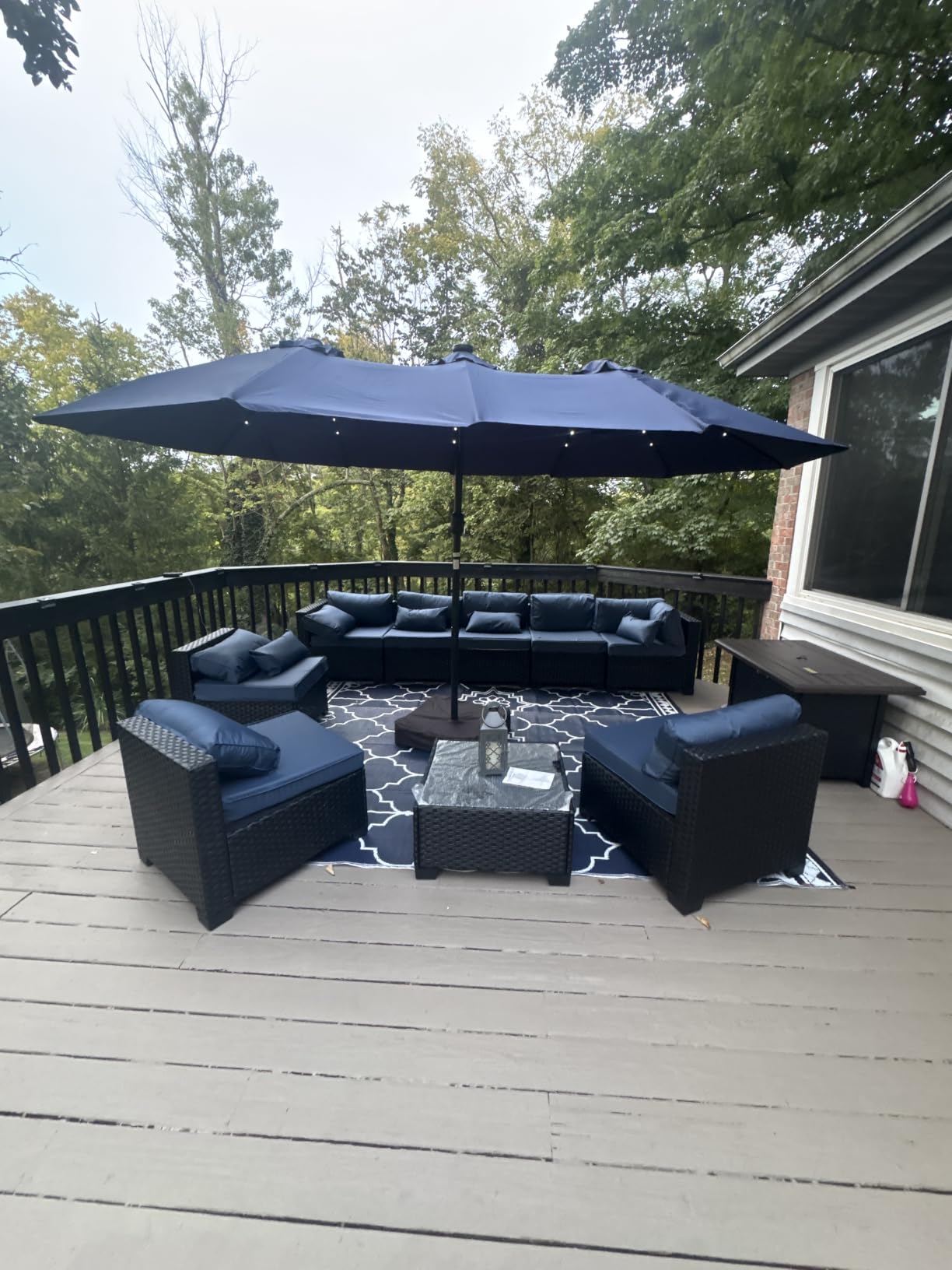 Rattaner 10 Pieces Outdoor Sectional All-Weather Wicker Patio Furniture Set Patio Sectional and Steel Fire Table and Glass Patio Table Non-Slip Cushions and Waterproof Covers, Navy Blue customer photo 2