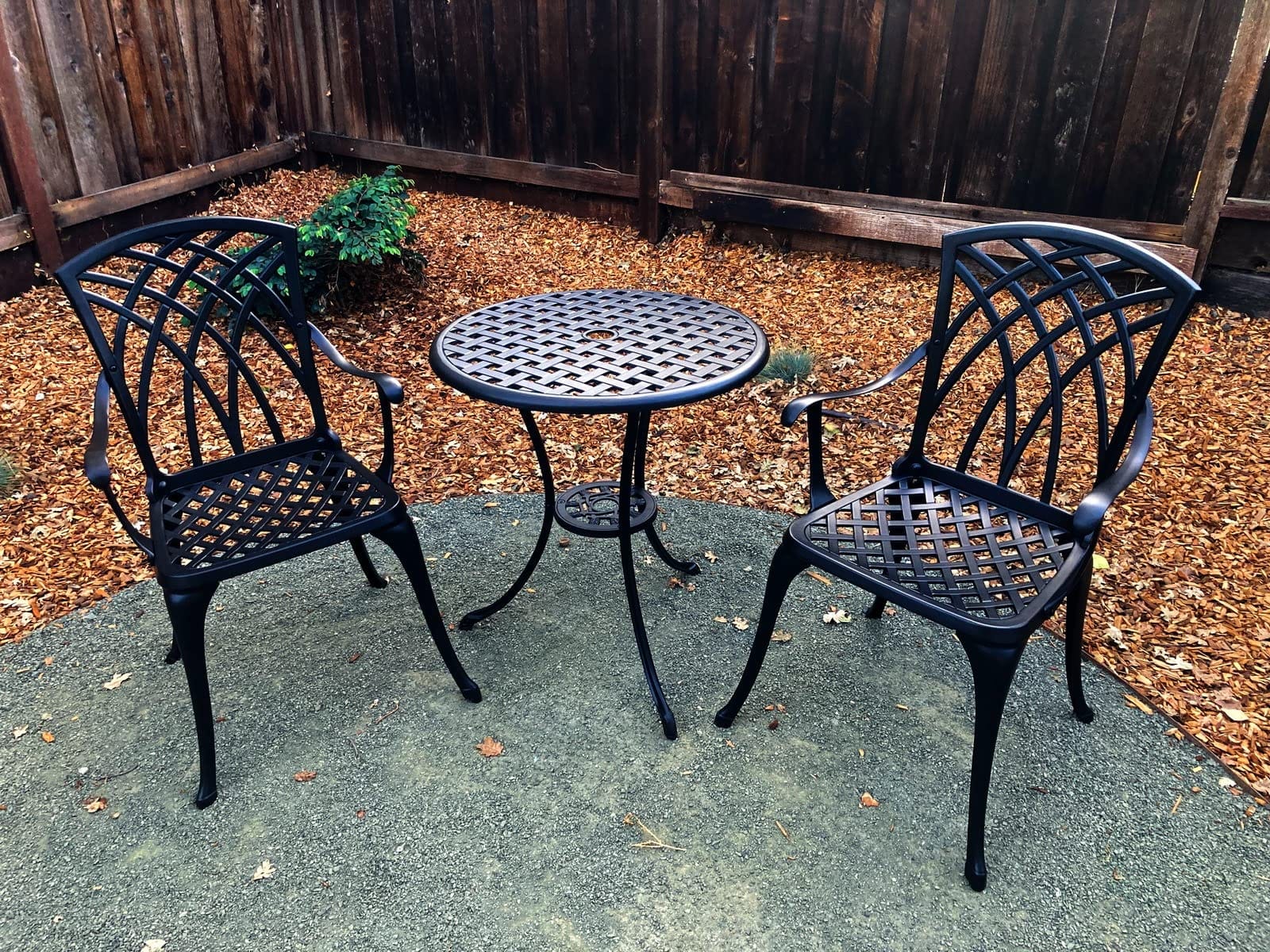 NUU GARDEN 3 Piece Bistro Table Set Cast Aluminum Outdoor Patio Furniture with Umbrella Hole and Grey Cushions for Patio Balcony, Black customer photo 2