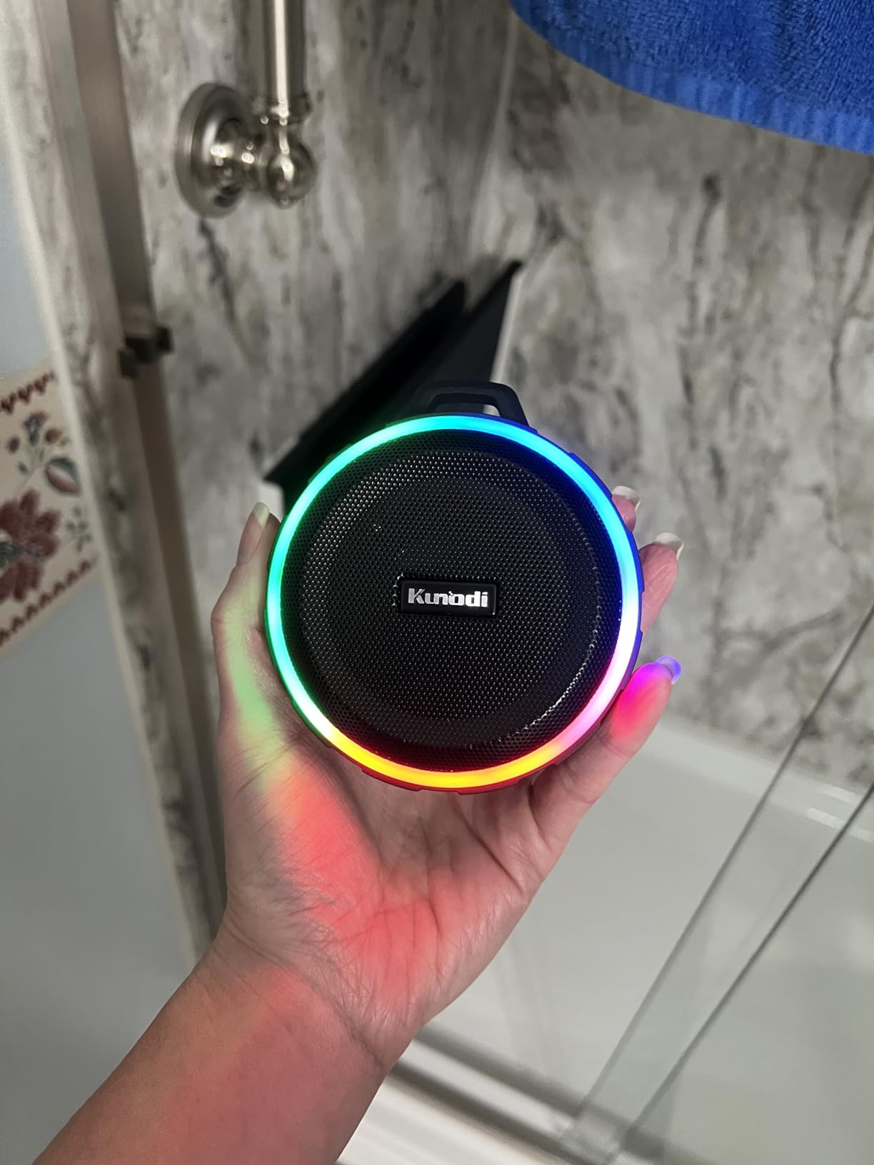 Kunodi Bluetooth Shower Speaker with IPX7 Waterproof, Crisp Clear Sound, True Wireless Stereo, Clip Portable for Pool Beach Boat Kayak Float Golf customer photo 1