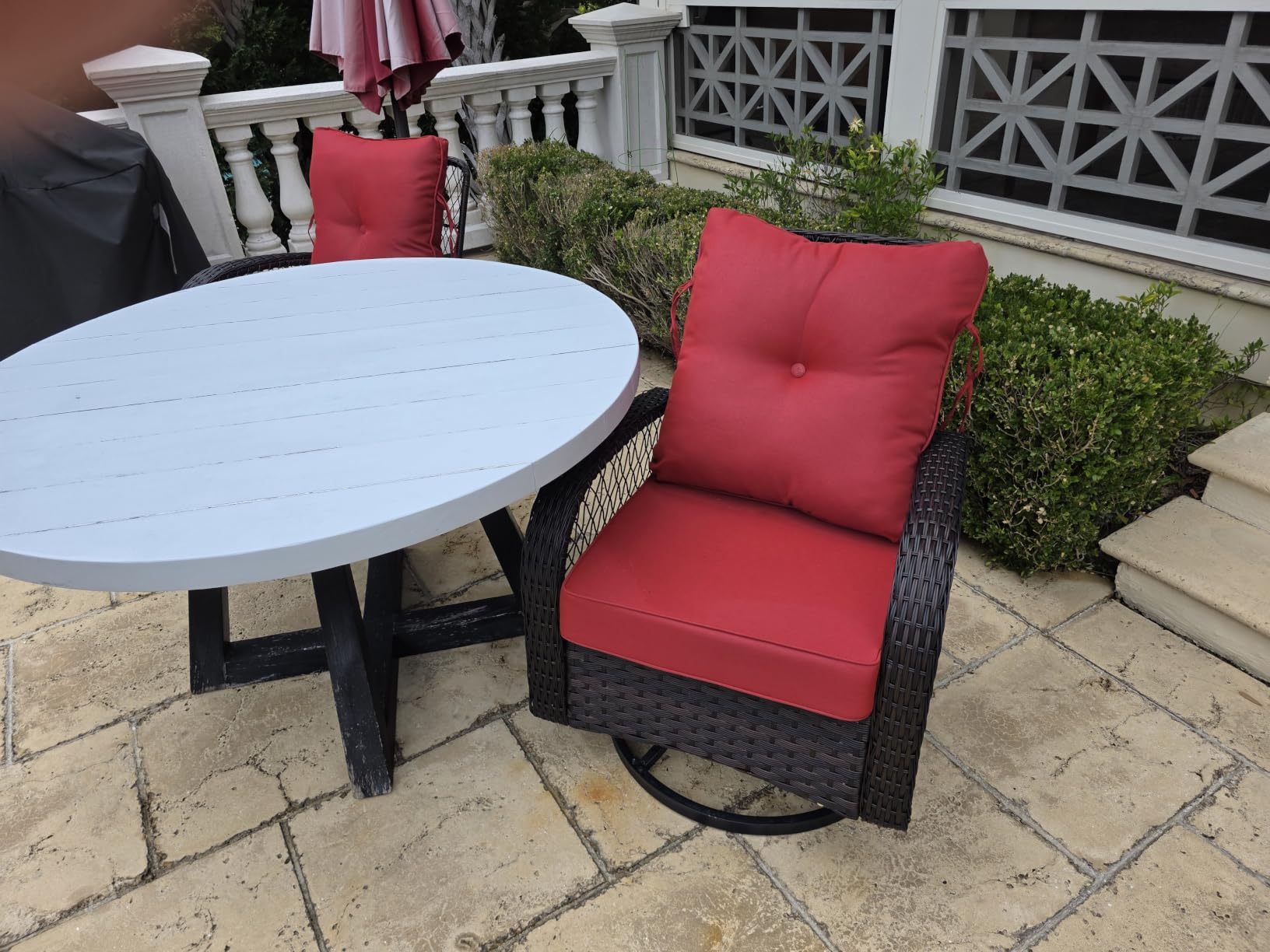 Patio Furniture Set 3 Pieces, Outdoor Swivel Glider Rocker Bistro Set, Blue customer photo 2