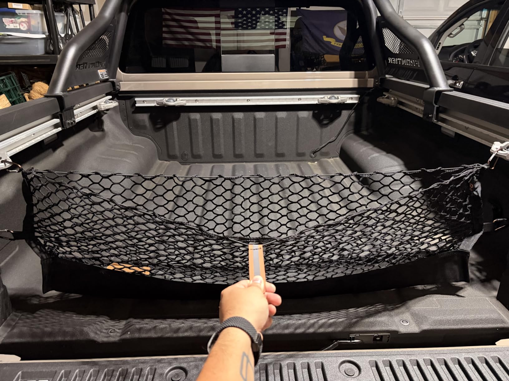 Muslogy Cargo Net for 2013-2026 Chevy Silverado GMC Sierra 1500/2500/3500HD | Custom Fit, Truck Bed Storage Organizer Net for Pickup Truck Bed Divider, Heavy Duty Carabiners, Night Visible Grab Handle customer photo 1