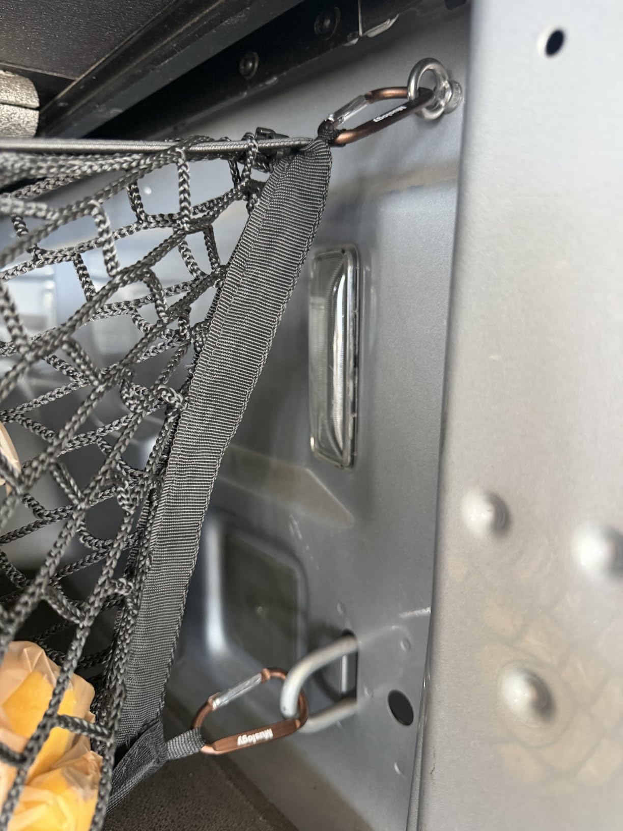 Muslogy Cargo Net for 2013-2026 Chevy Silverado GMC Sierra 1500/2500/3500HD | Custom Fit, Truck Bed Storage Organizer Net for Pickup Truck Bed Divider, Heavy Duty Carabiners, Night Visible Grab Handle customer photo 2