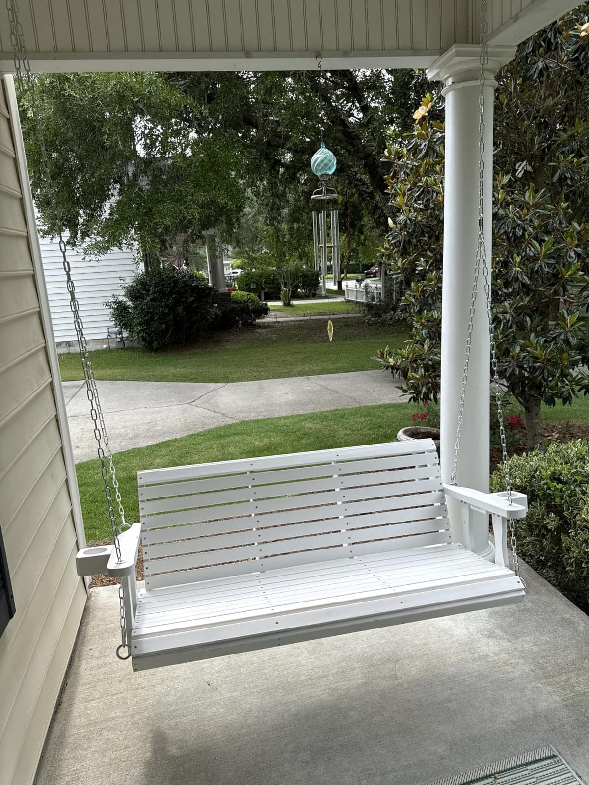 Fortune Candy Wooden Porch Swing 2-Seater, Cedar Tone, 4 FT Extra Large | Weather Resistant, High Backrest and Deep Seat, Cupholders, Hanging Chains and 7mm Springs, Heavy Duty 880 LBS customer photo 2