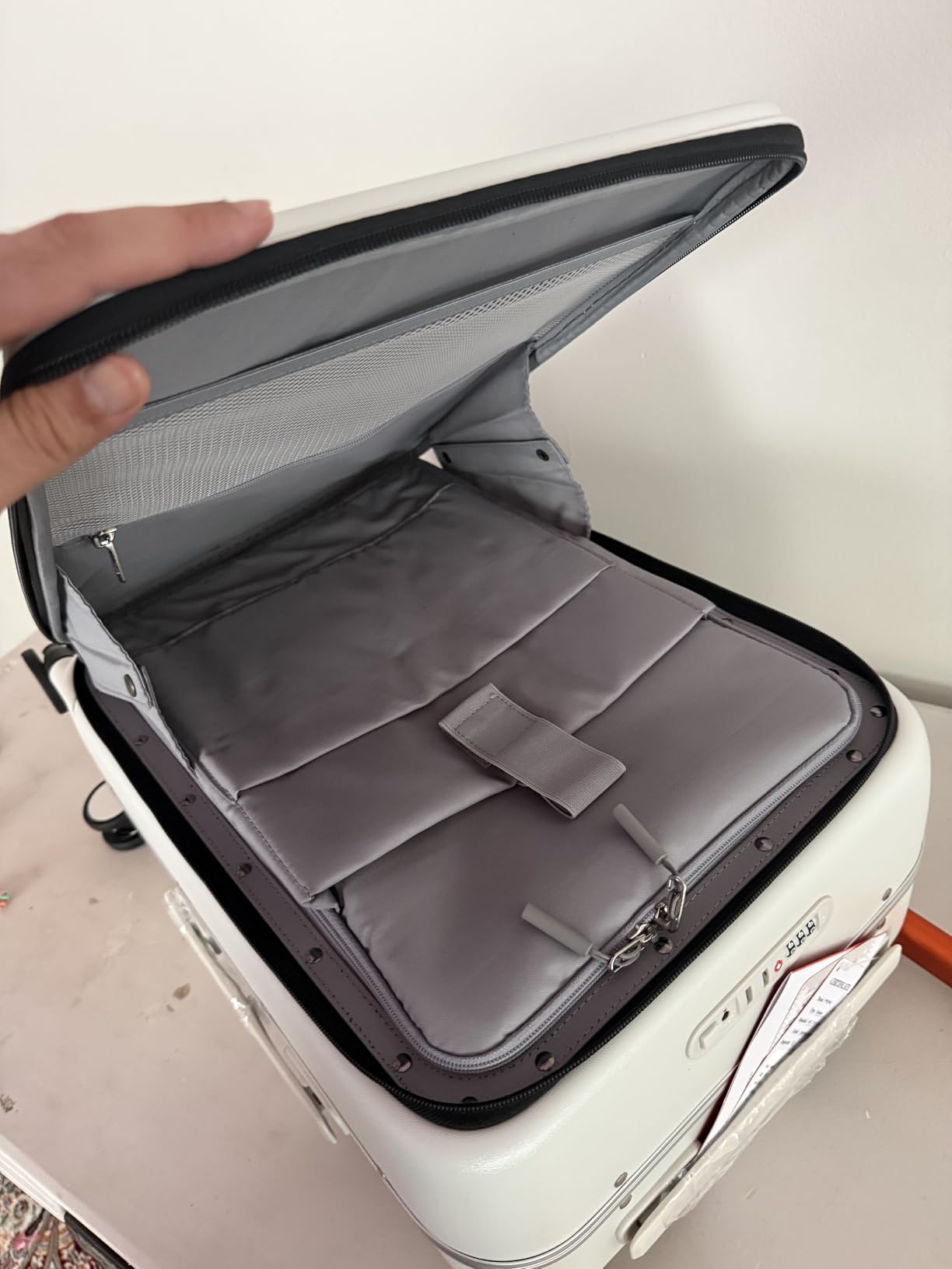 mixi Carry On Luggage 20'' Suitcase with Front Laptop Pocket, Wide Handle Rolling Travel Suitcases PC Hardshell with Aluminum Frame Spinner Wheels & TSA Lock, Carry-On Luggage(Smoke White) customer photo 1