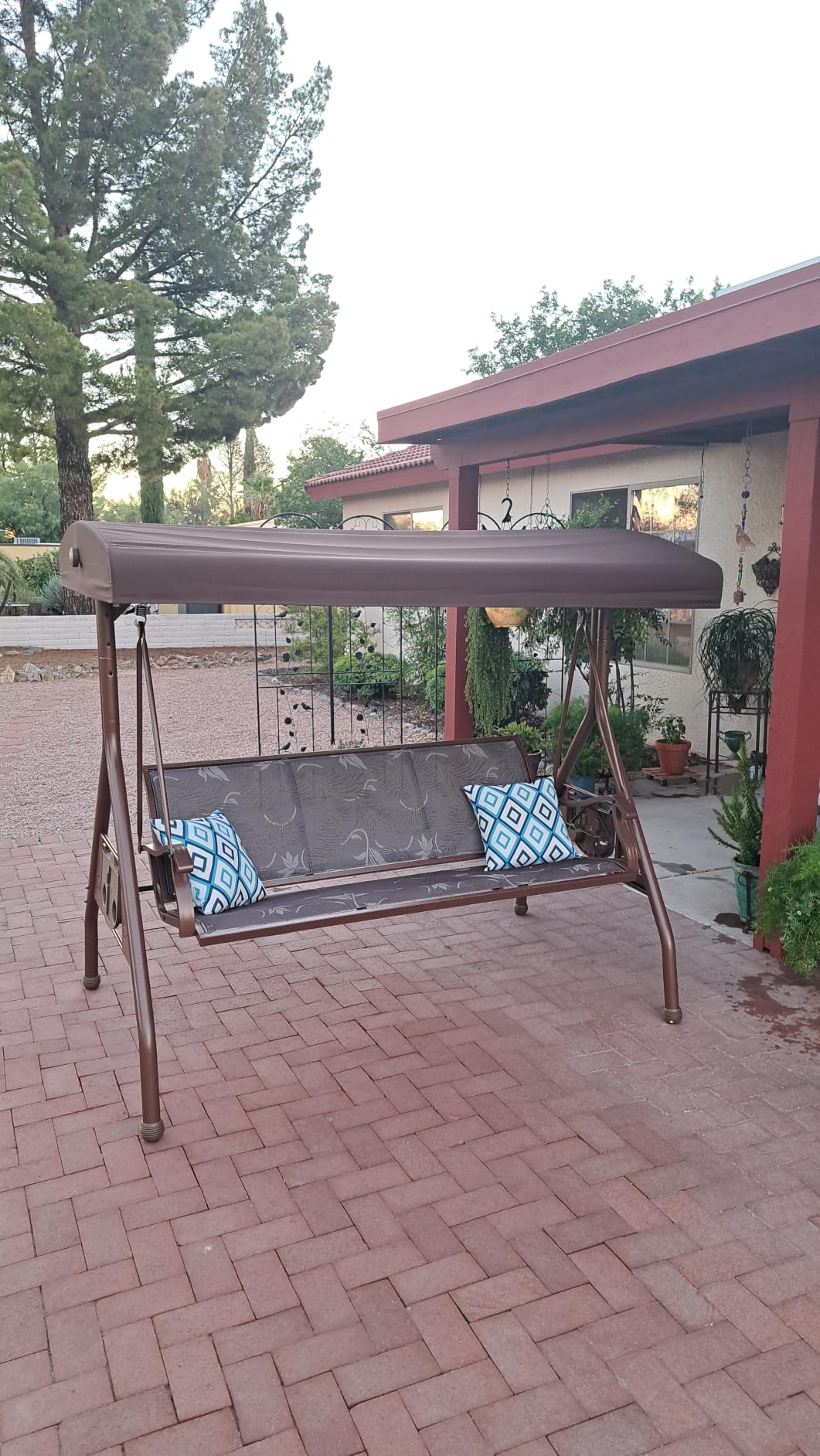 ZZW 3 Person Patio Swing Outdoor Swing for Adults with Adjustable Canopy & Upgraded Cup Holders Textilene Fabric Porch Swing Chair with Stand Heavy Duty 800 LBS customer photo 2