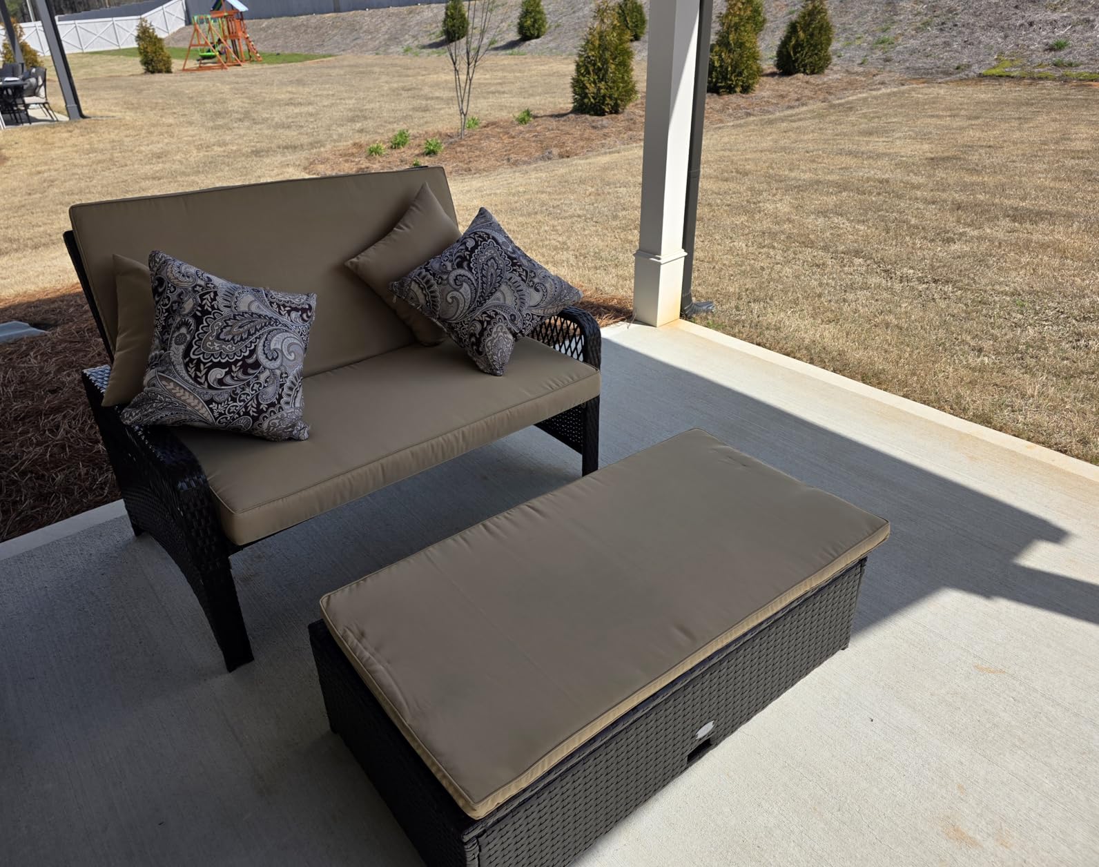 LDAILY Moccha Outdoor Daybed, PE Rattan Double Chaise Lounge w/ 4-Level Adjustable Back, Storage Ottoman, Cushions & Pillows, Separated Seating, Wicker Sunbed for Garden Patio Furniture Set (Beige) customer photo 1