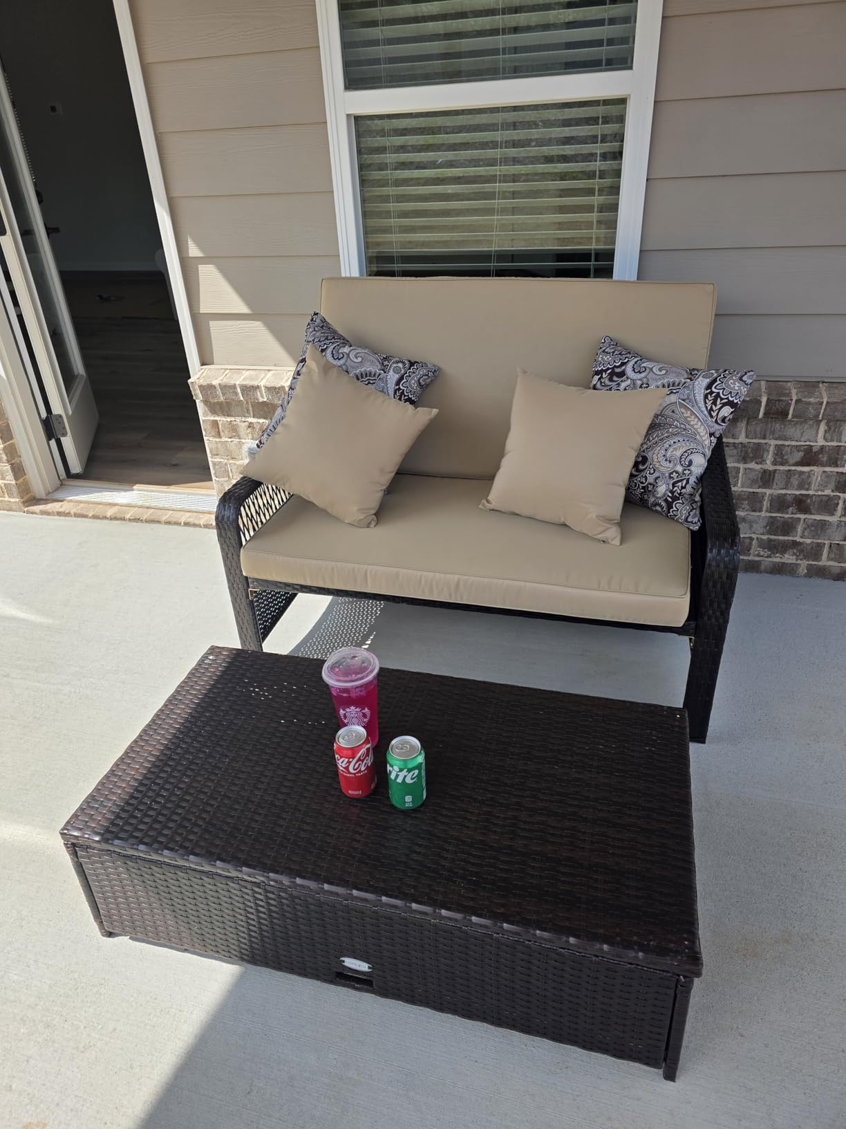 LDAILY Moccha Outdoor Daybed, PE Rattan Double Chaise Lounge w/ 4-Level Adjustable Back, Storage Ottoman, Cushions & Pillows, Separated Seating, Wicker Sunbed for Garden Patio Furniture Set (Beige) customer photo 2