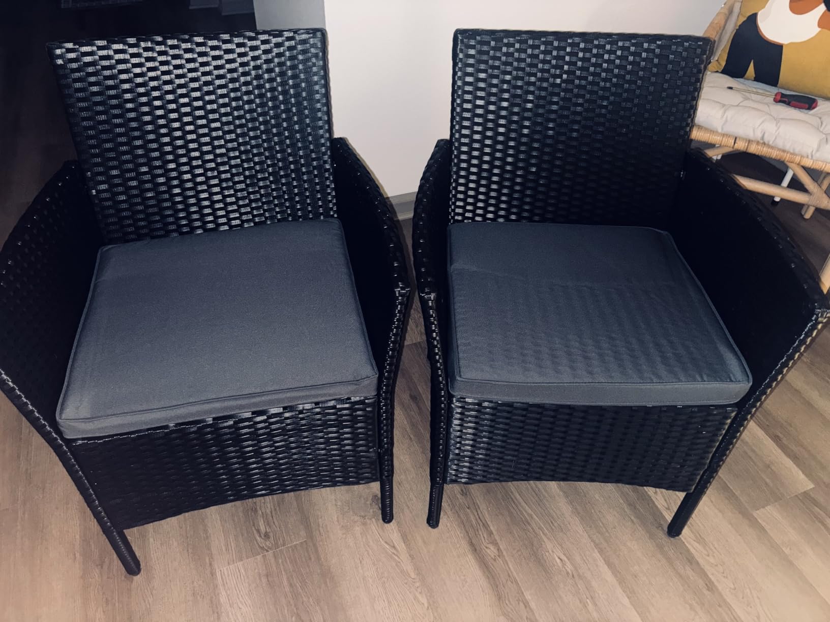 Yaheetech 3 Pieces Patio Conversation Set, Outdoor Rattan Bistro Furniture, 2 Chairs with Cushions & 1 Side Table for Bistro/Porch/Garden/Deck/Courtyard, Black/Khaki customer photo 1