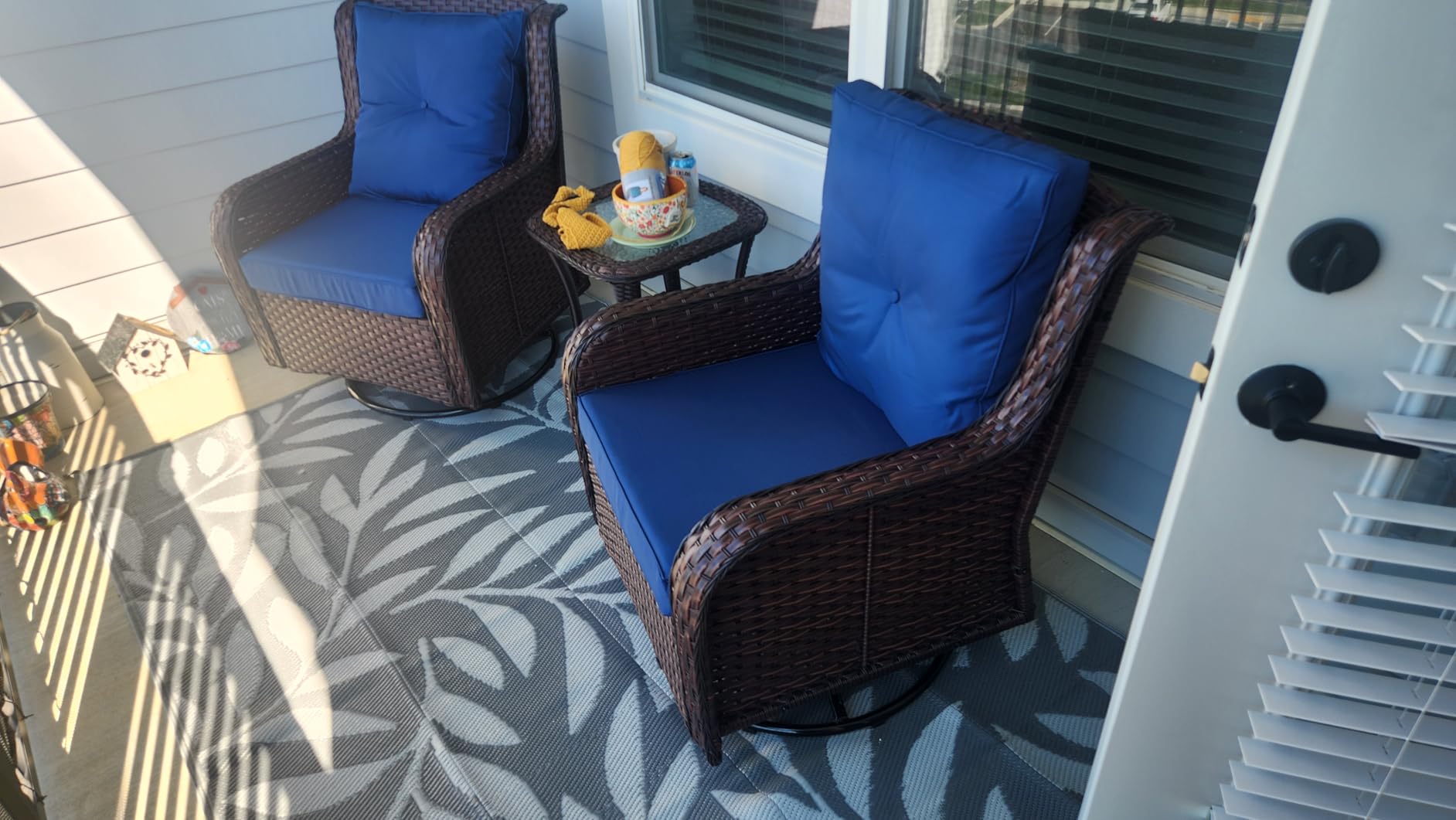 Wumiokio Patio Furniture Sets, 3 Pieces Wicker Outdoor Furniture - 360 Degree Swivel Rocking Chairs and Rattan Side Table for Garden,Porch,Backyard (Grey Wicker/Blue Cushion, 3PCS - Swivel Chairs) customer photo 2
