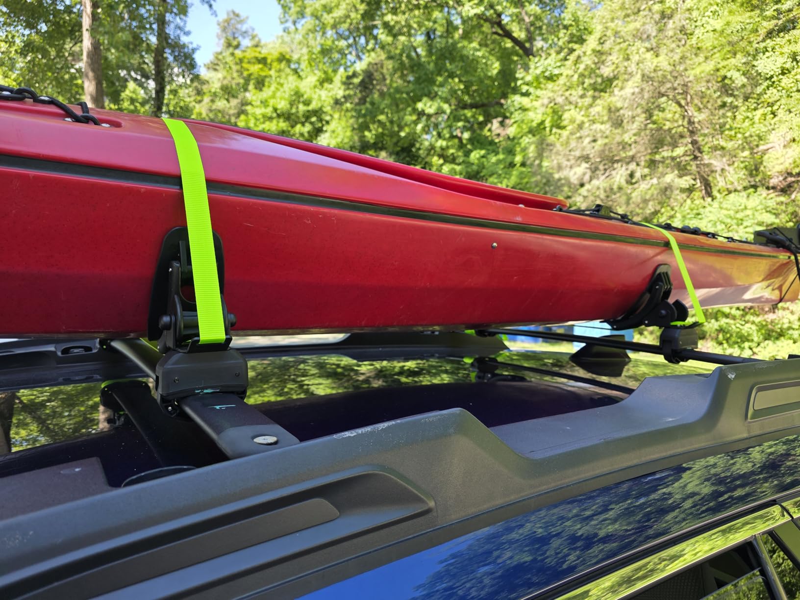 JOYTUTUS Kayak Roof Rack Saddles, Crab Roof Mounting Kit Fits Most Car SUV Truck Cross Bars, Carrier Kayak Paddle Board Surfboard with Tie Down Straps Ratchet Strap, 150LBS Load Capacity 2 Pairs customer photo 2