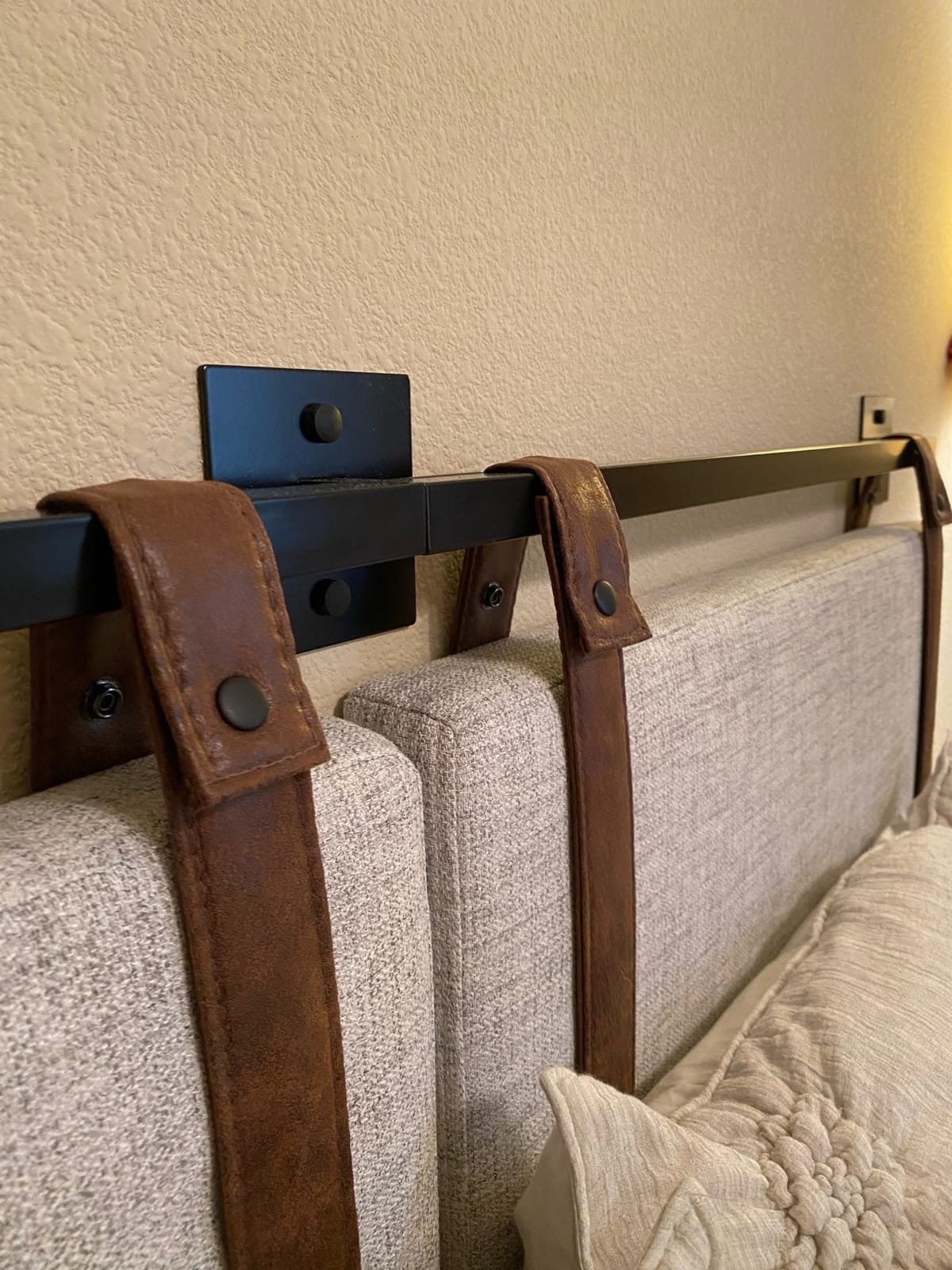 Nathan James Harlow Modern Wall Mount Hanging Headboard, King, Gray with Brown Faux Leather Straps customer photo 1