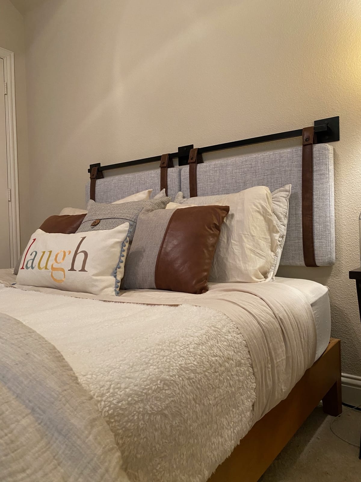 Nathan James Harlow Modern Wall Mount Hanging Headboard, King, Gray with Brown Faux Leather Straps customer photo 2