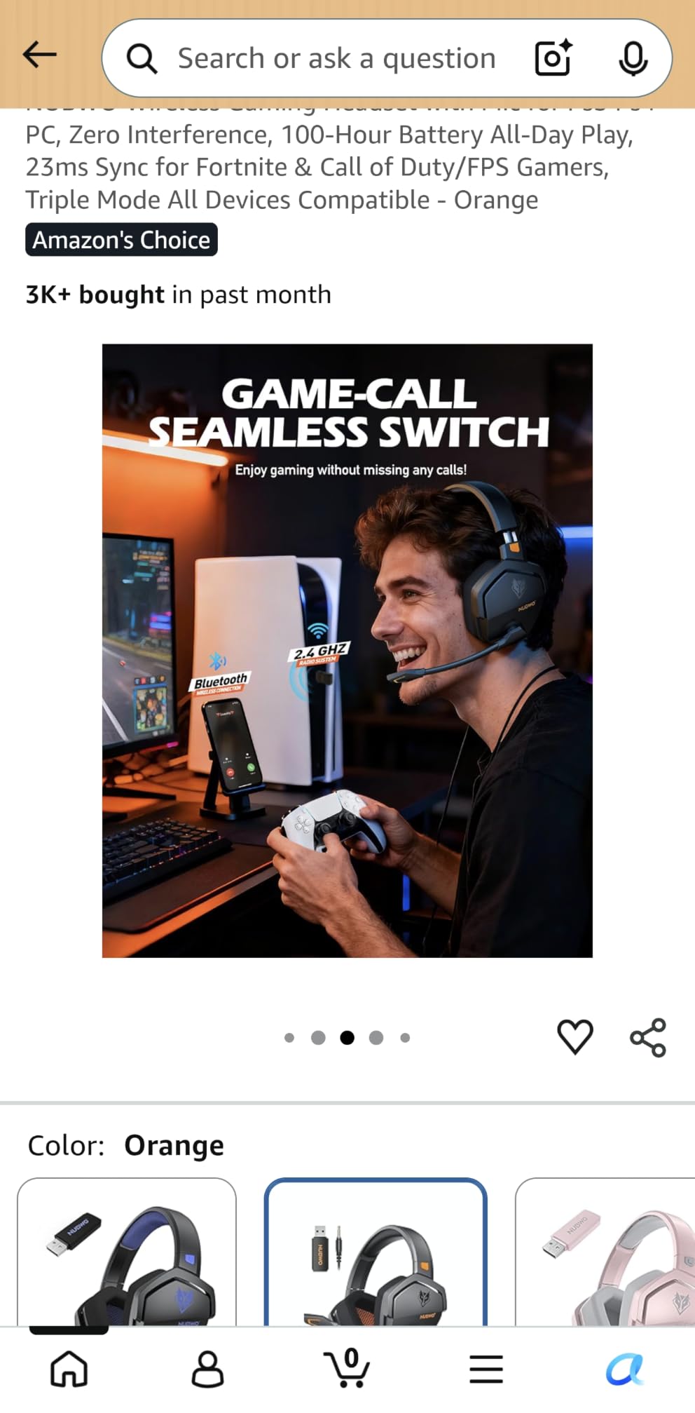 NUBWO Wireless Gaming Headset with Mic for Ps5 Ps4 PC, Zero Interference, 100-Hour Battery All-Day Play, 23ms Sync for Fortnite & Call of Duty/FPS Gamers, Triple Mode All Devices Compatible - Orange customer photo 1